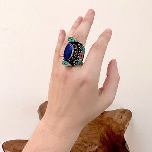 Afghan vintage multi gemstone turquoise lapis inlay silver statement ring size 7